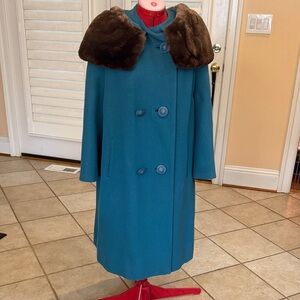 Vintage kaybrook New York Teal Double-Breasted Coat with Faux Fur Collar